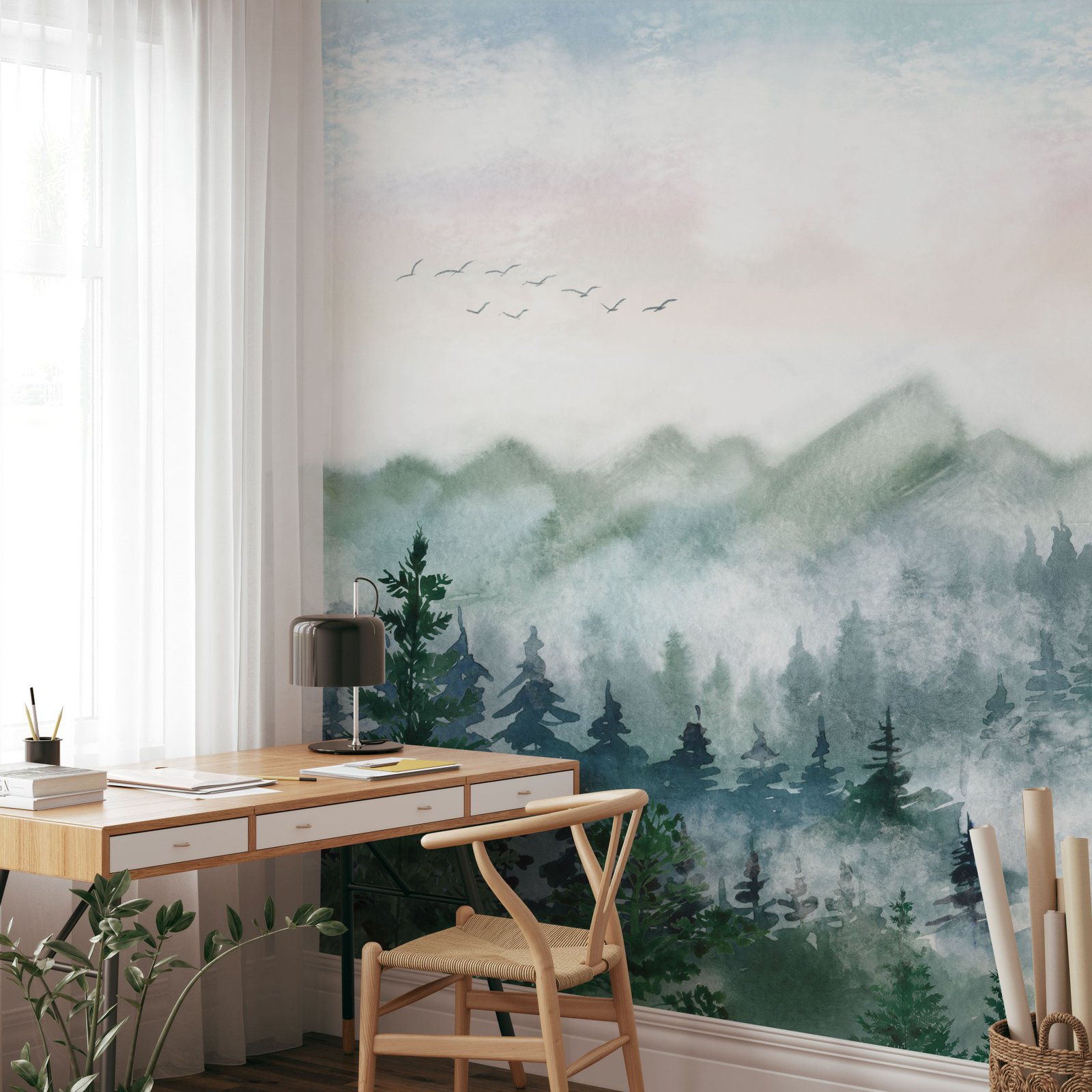 Watercolor Forest Mural Peel and Stick Wallpaper - Serene Green Mountain Landscape - Image 4