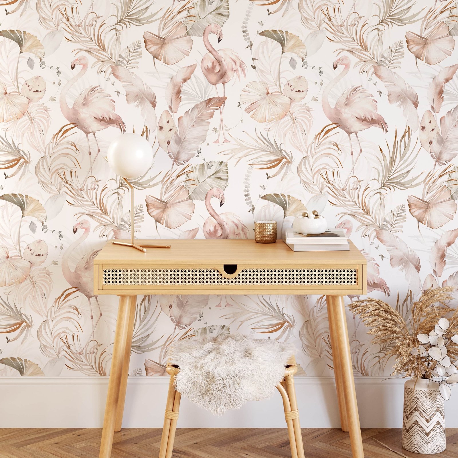 Watercolor Boho Pink Flamingo Wallpaper | Tropical Leaves Background - Image 2