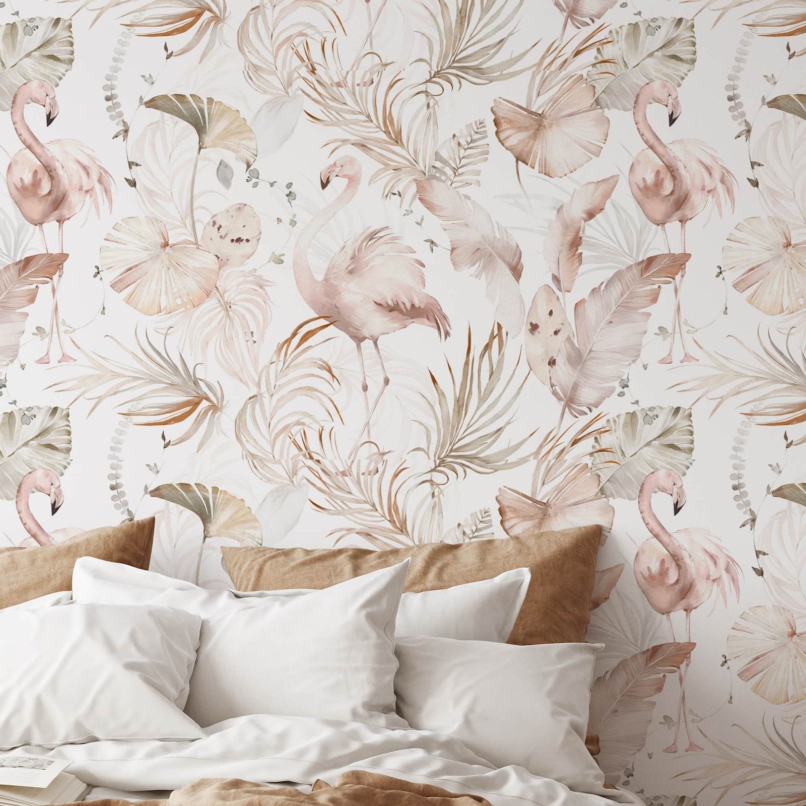 Watercolor Boho Pink Flamingo Wallpaper | Tropical Leaves Background - Image 1