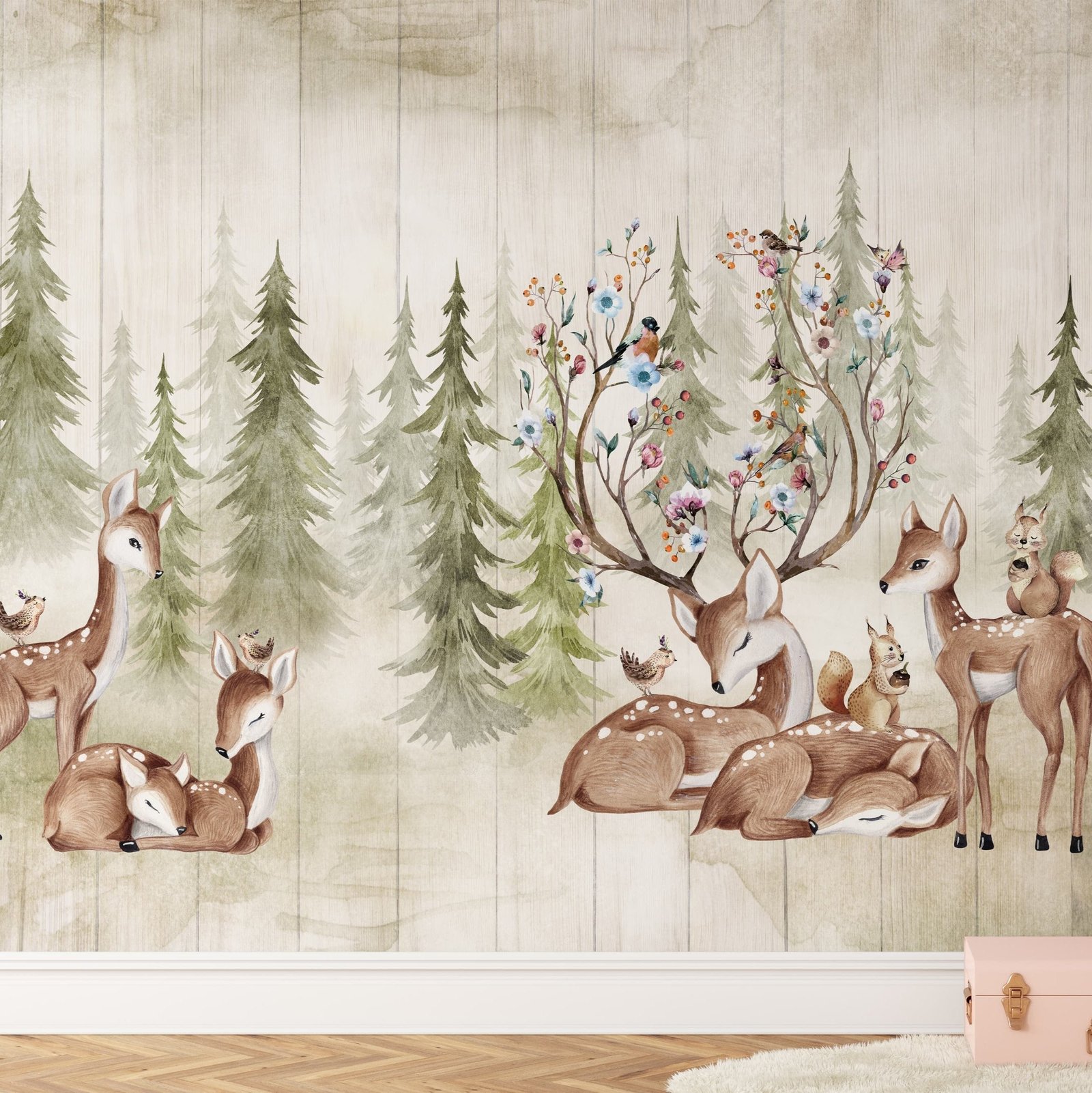 Woodland Deer and Forest Wallpaper - Peel and Stick Kids Wall Mural - Image 1