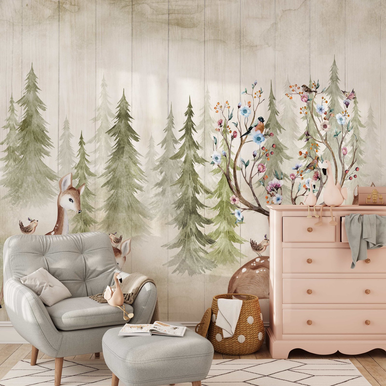 Woodland Deer and Forest Wallpaper - Peel and Stick Kids Wall Mural - Image 4