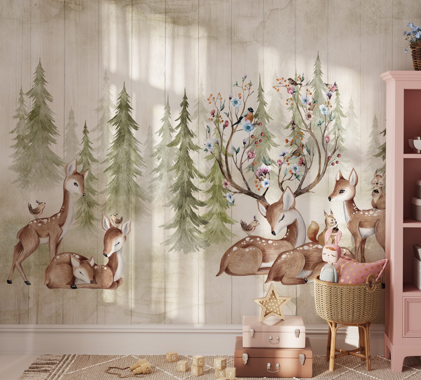 Woodland Deer and Forest Wallpaper - Peel and Stick Kids Wall Mural - Image 6