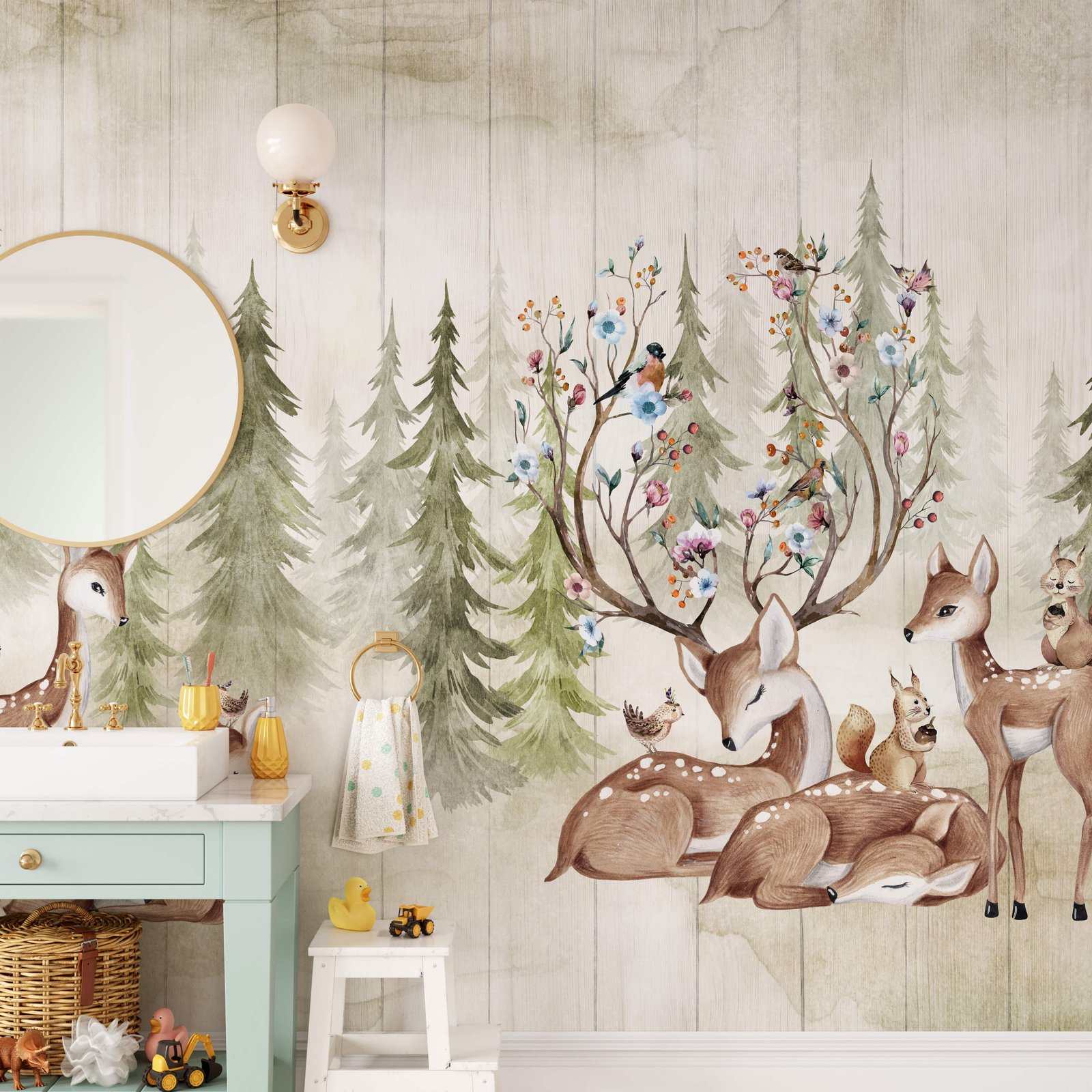 Woodland Deer and Forest Wallpaper - Peel and Stick Kids Wall Mural - Image 2