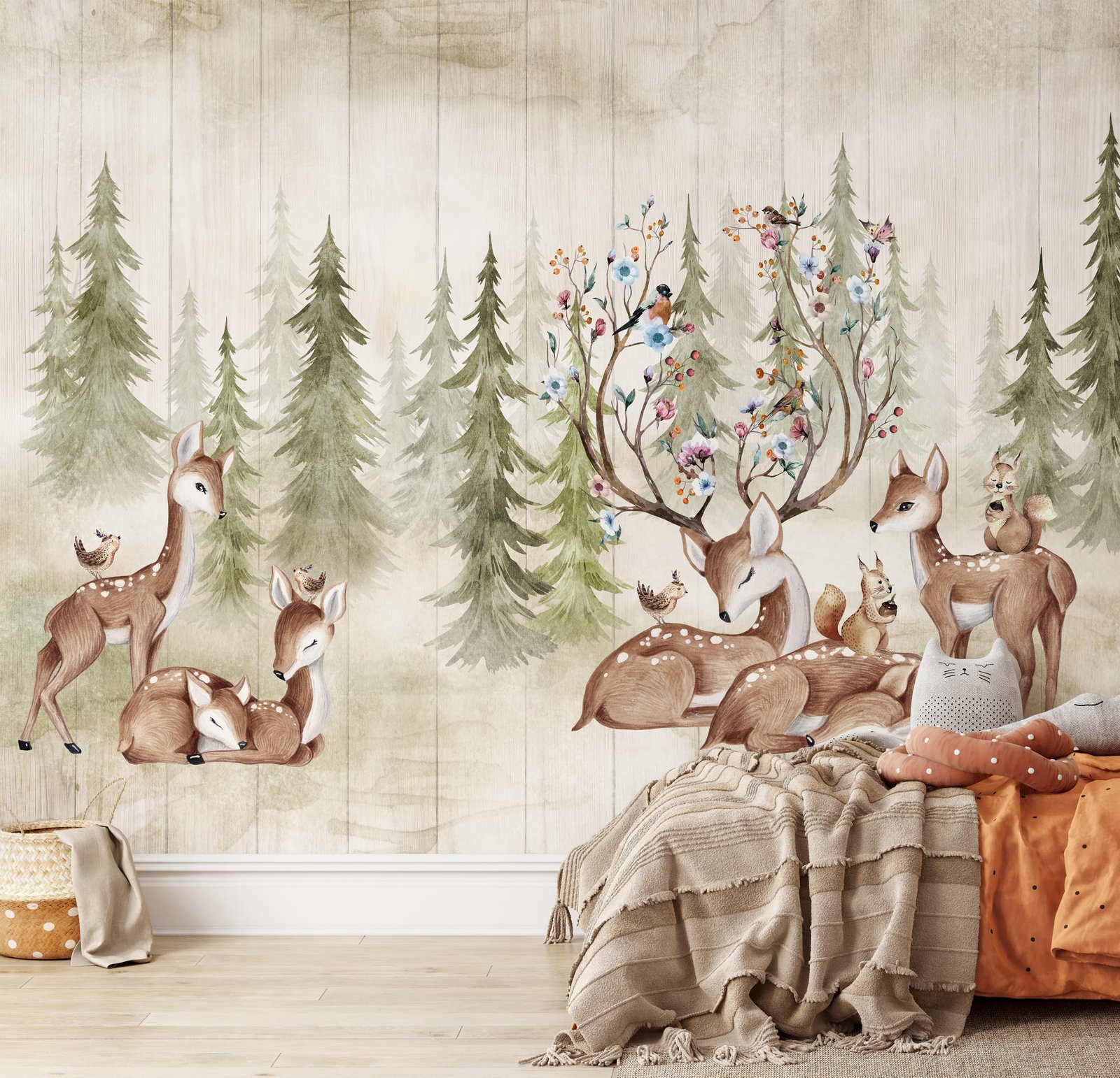 Woodland Deer and Forest Wallpaper - Peel and Stick Kids Wall Mural - Image 5