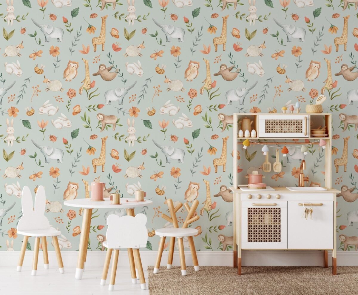 Animal Adventure Nursery Wallpaper - Featuring Rabbits, Giraffes, Elephants & More - Image 4