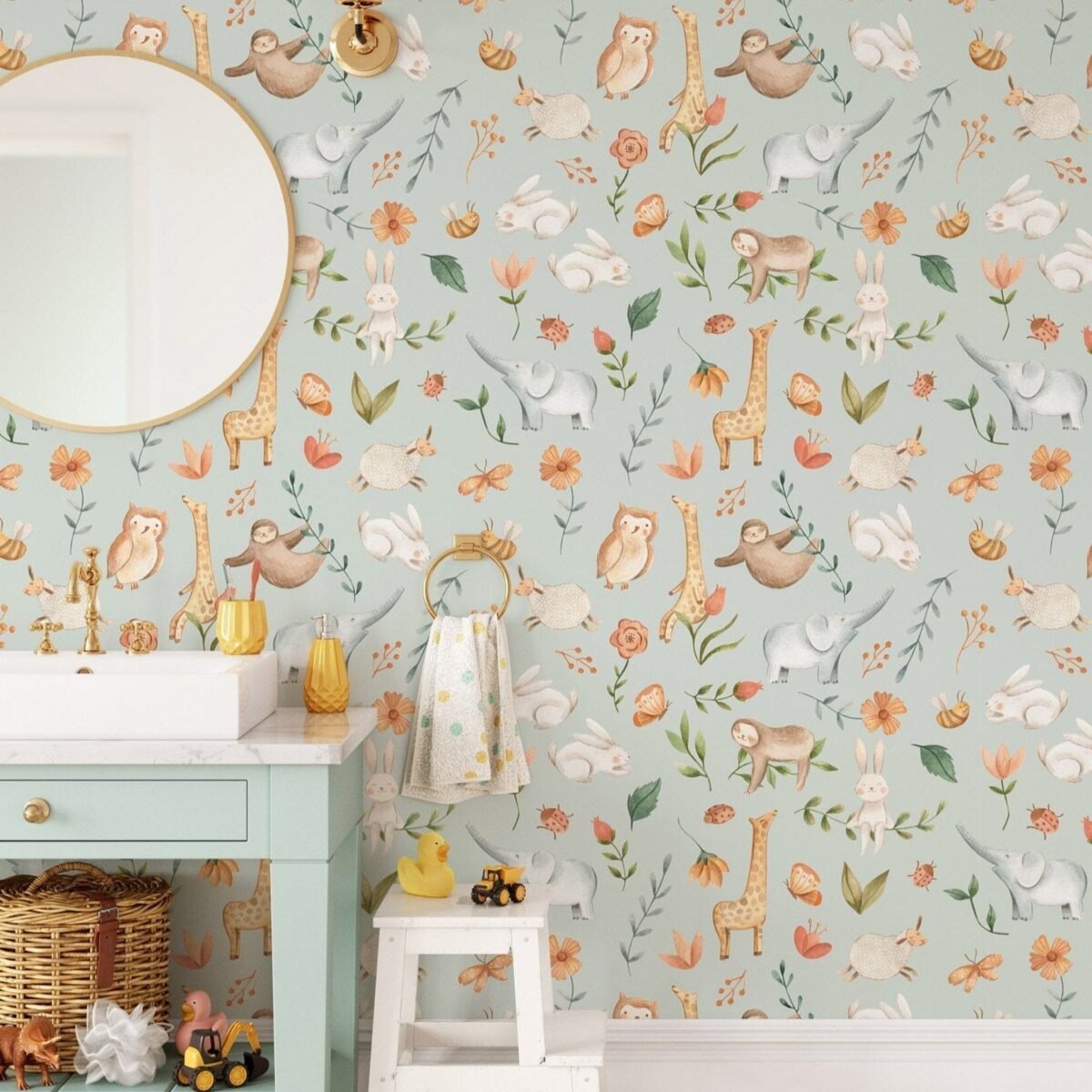 Animal Adventure Nursery Wallpaper - Featuring Rabbits, Giraffes, Elephants & More - Image 1