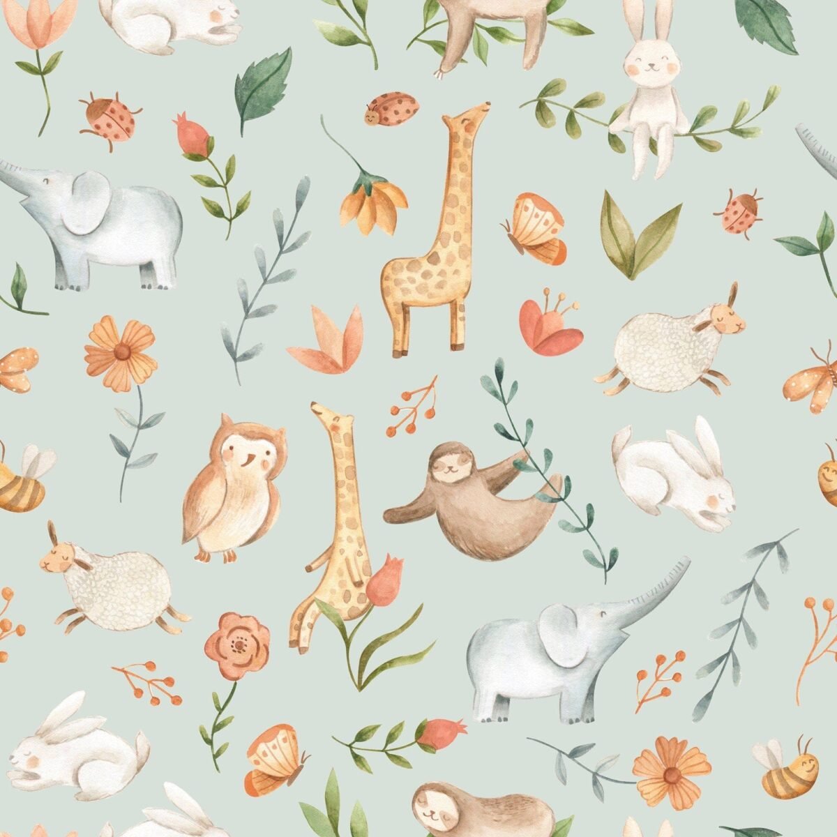 Animal Adventure Nursery Wallpaper - Featuring Rabbits, Giraffes, Elephants & More - Image 2