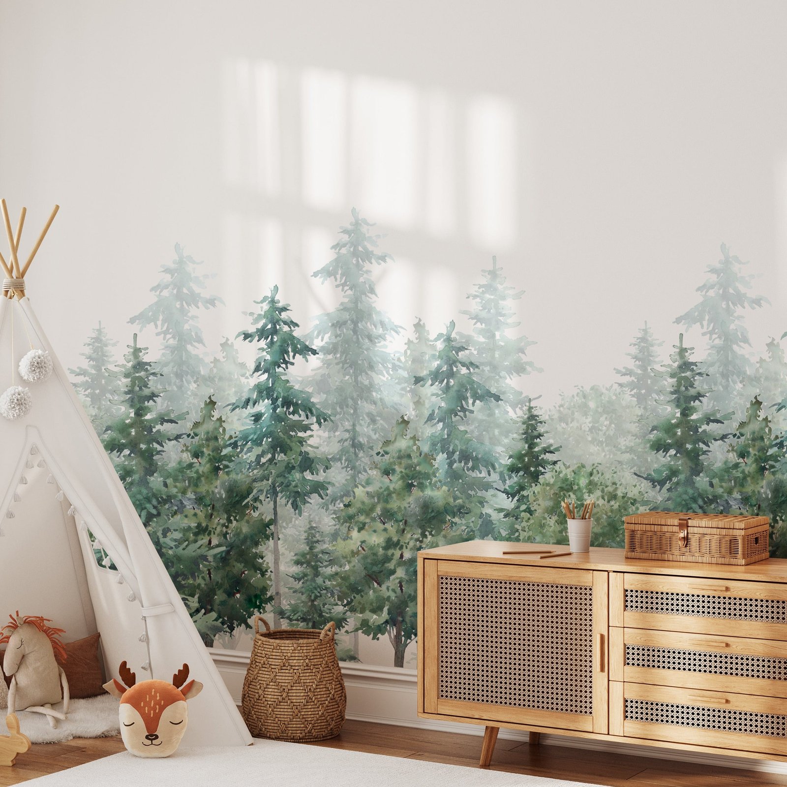 Evergreen Forest Wallpaper - Watercolor Forest Wall Mural - Image 1