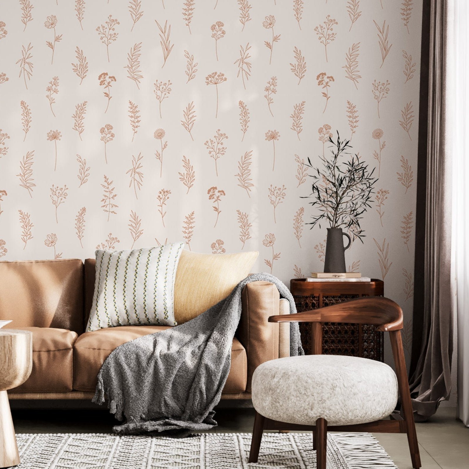 Wildflowers_seamless_pattern_floral_vector_illustration._Elegant_print_thin_line_modern_style_design._Midsummer_meadow_herbs_and_flowers._Nature_background_6-min_626e7bae-a635-4eb1-b7-1 Modern Botanical Wallpaper Peel and Stick - Thin Line Wildflowers - Image 1