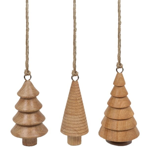 Set of 3 Handcrafted 5-Inch Mango Wood Tree Christmas Ornaments - Rustic Artisanal Decor