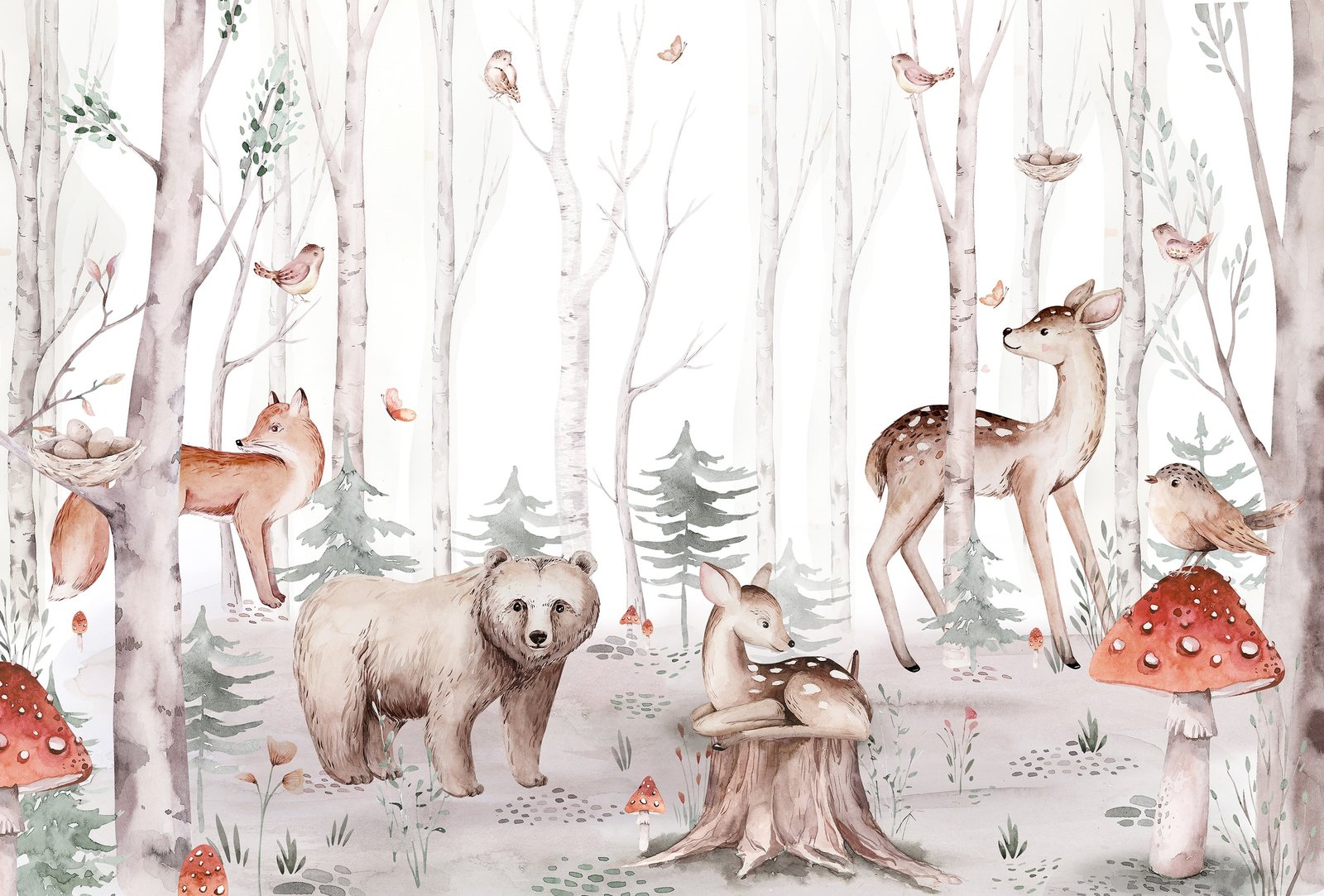 Woodland Creatures Watercolor Wallpaper - Peel and Stick Forest Animal Mural - Image 3