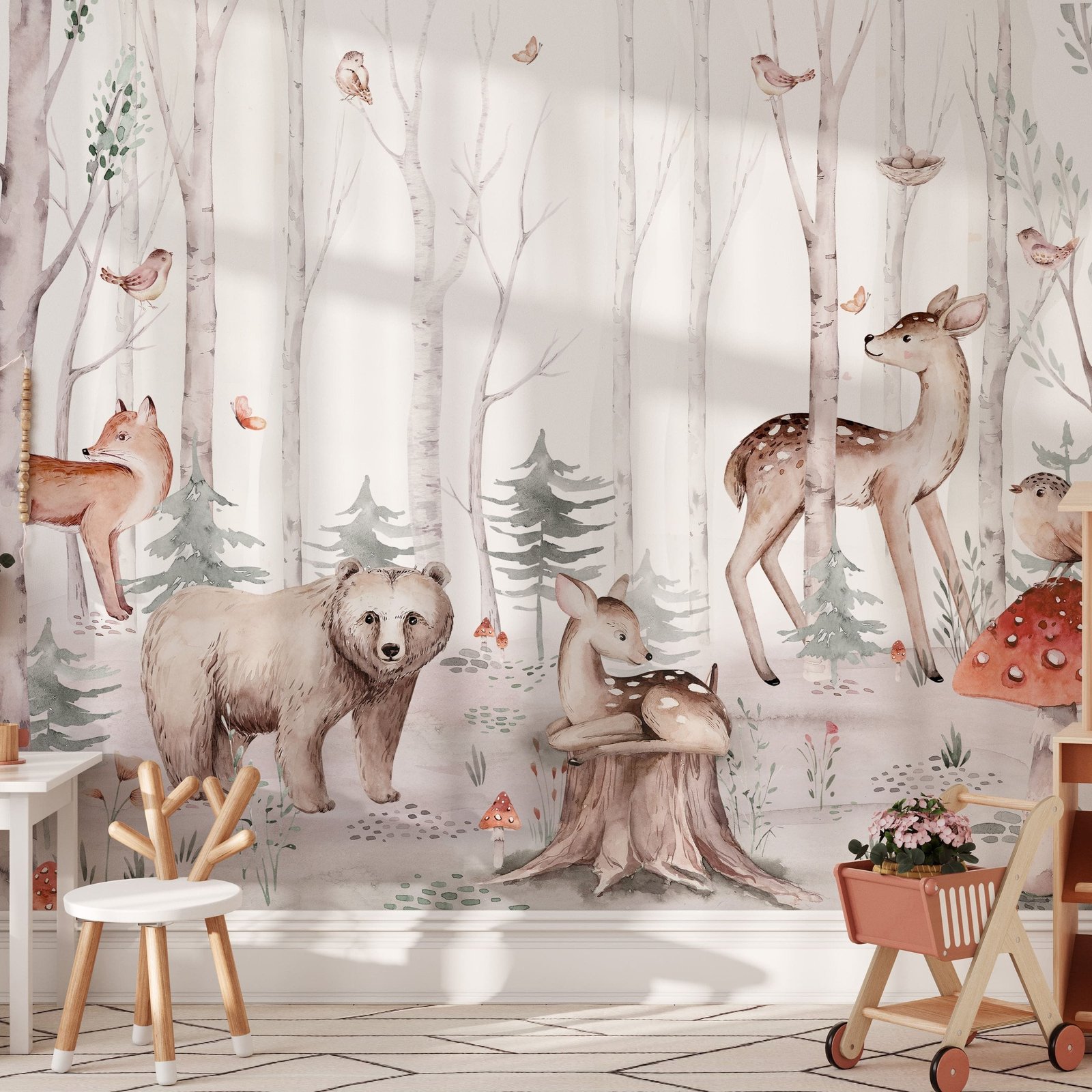 Woodland Creatures Watercolor Wallpaper - Peel and Stick Forest Animal Mural - Image 1