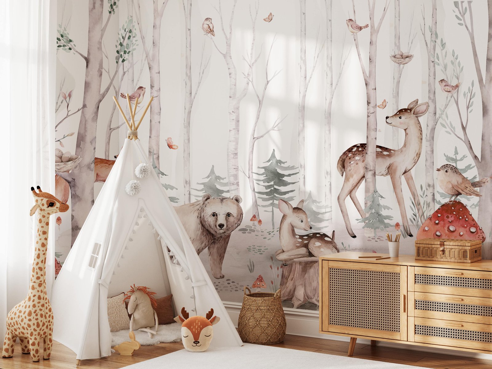 Woodland Creatures Watercolor Wallpaper - Peel and Stick Forest Animal Mural - Image 4