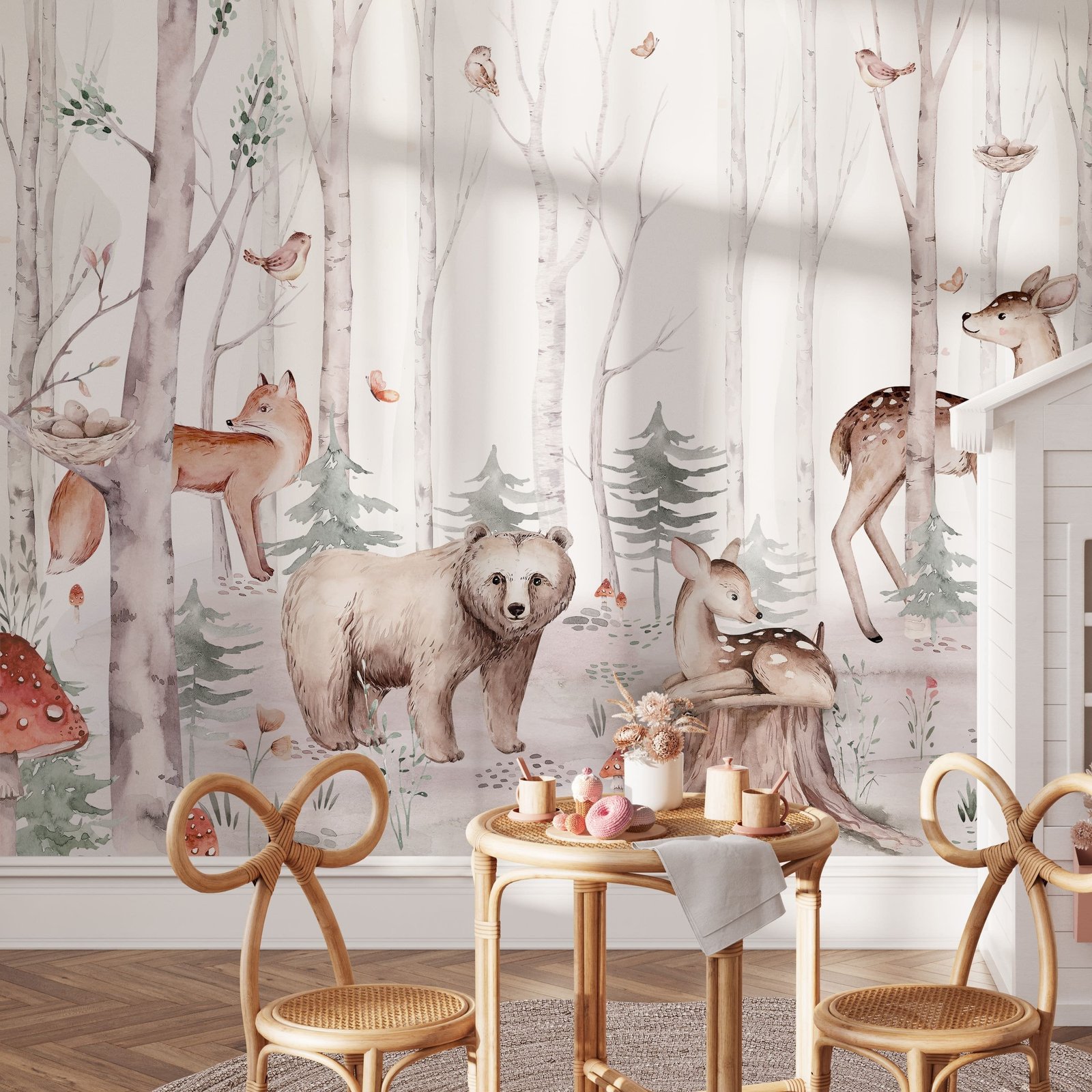 Woodland Creatures Watercolor Wallpaper - Peel and Stick Forest Animal Mural - Image 2