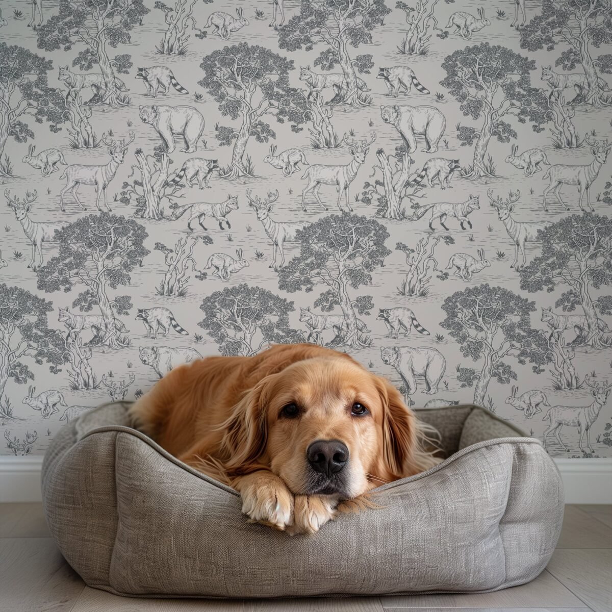 Woodland Animals Toile Wallpaper - Vintage Forest Wildlife Mural - Image 1