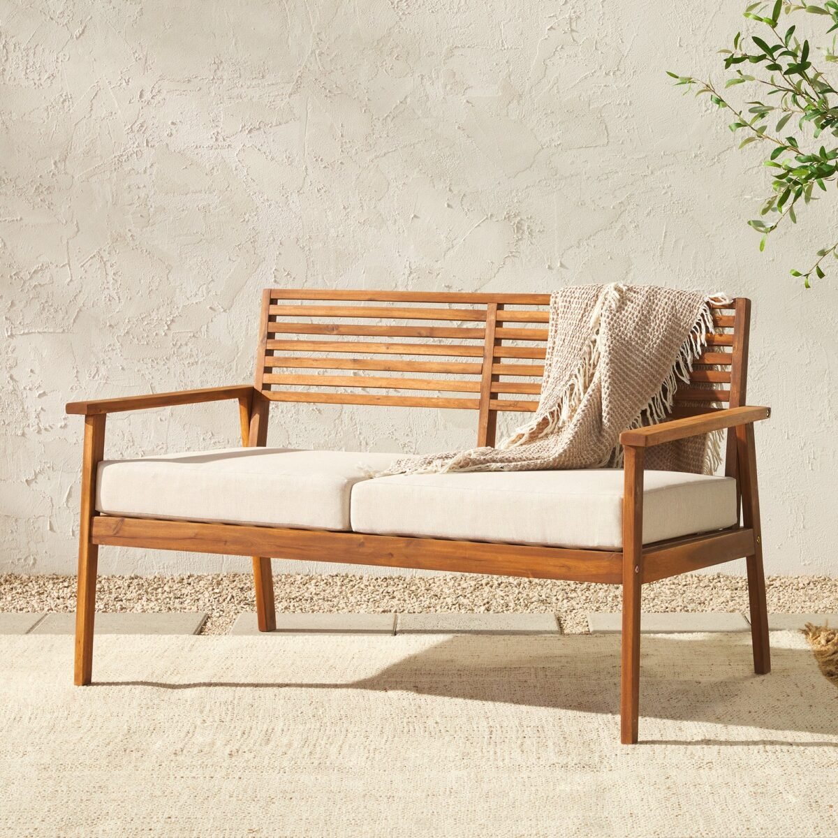 Zander Mid-Century Modern Acacia Outdoor Slat-Back Loveseat - Image 2