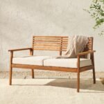 Zander Mid-Century Modern Acacia Outdoor Slat-Back Loveseat - Image 2