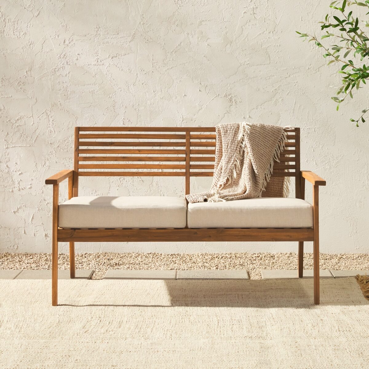 Zander Mid-Century Modern Acacia Outdoor Slat-Back Loveseat - Image 1