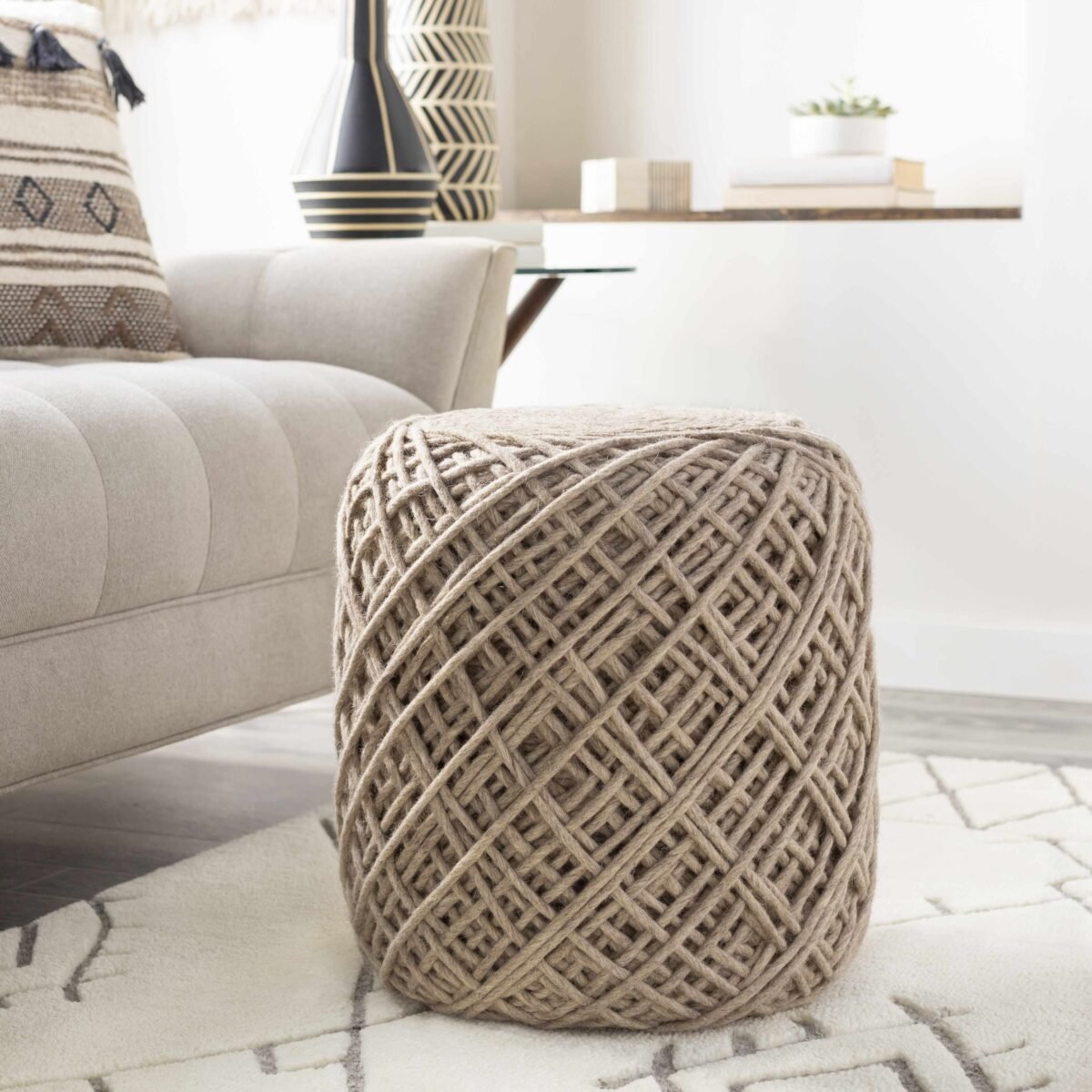 Bellingen Gray Handwoven Textured Pouf - Image 1
