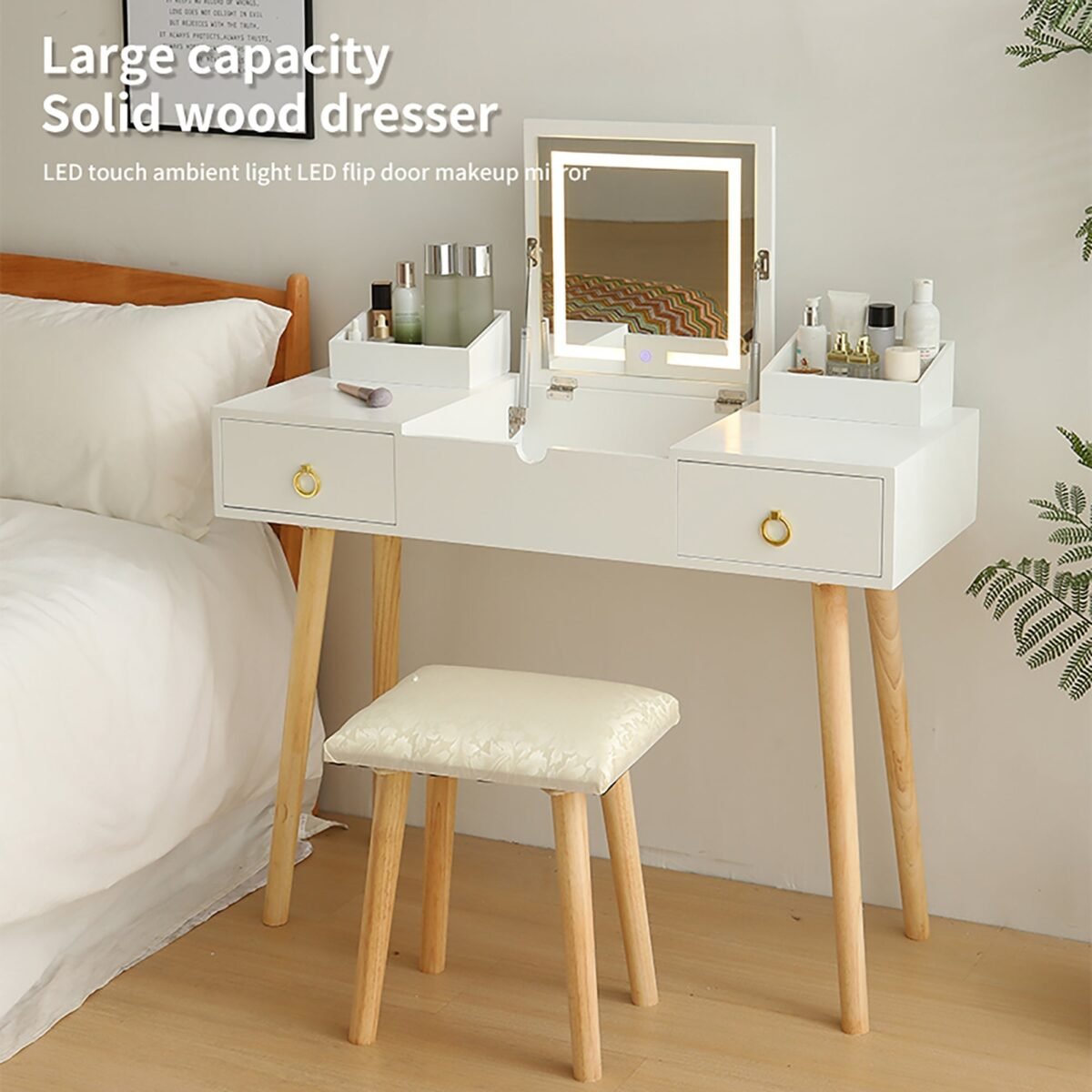 Walker Edison | Vanity Desk Set with LED Lighted Mirror - Image 6