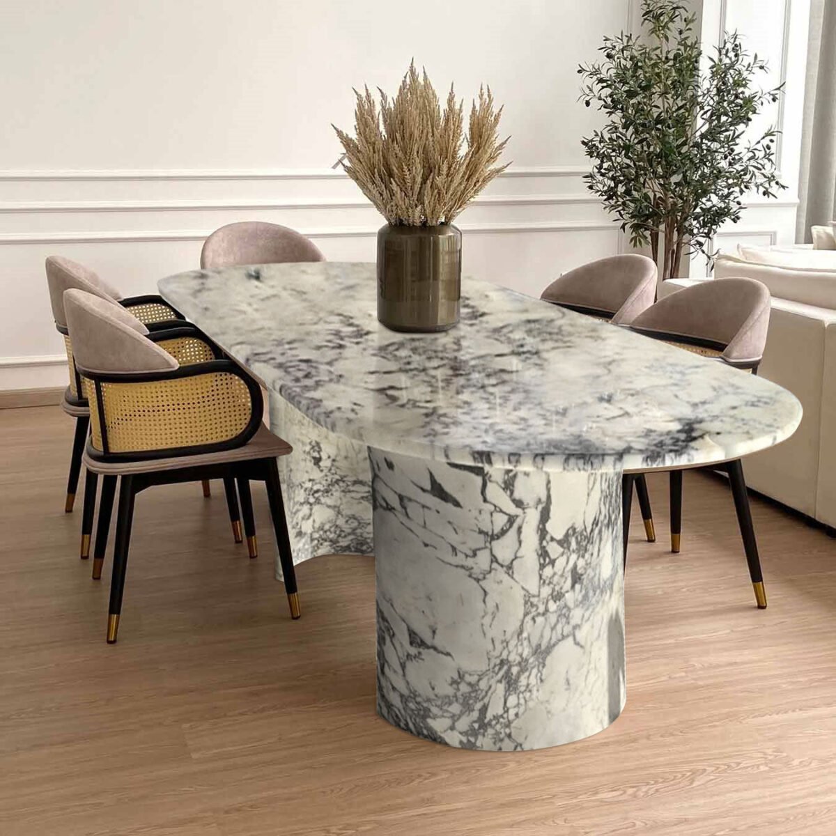 Calacatta Viola Marble Oval Dining Table with C Shape Marble Legs Polished - Image 1