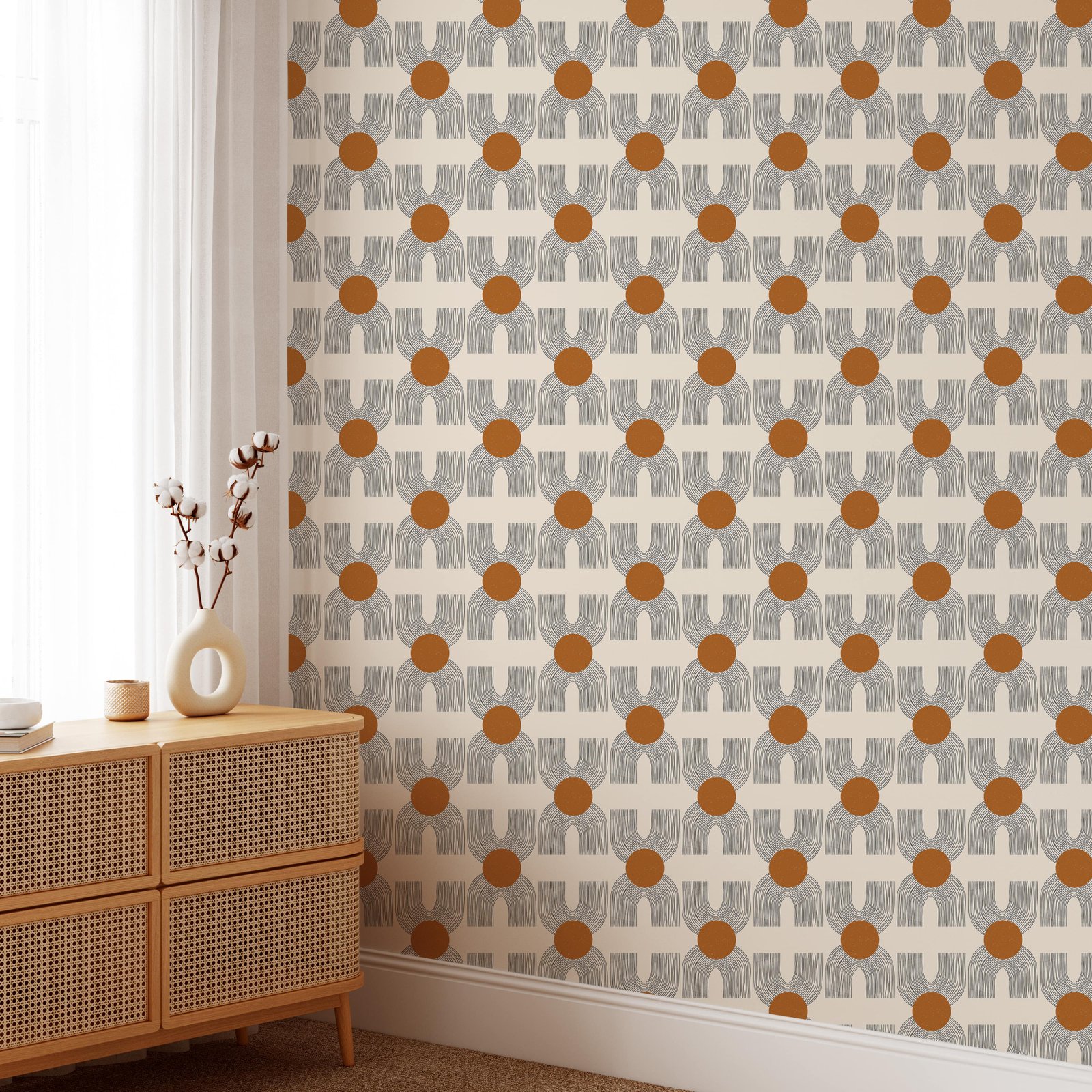 contemporaryseamlesspatternwithaesthetichanddrawnabstractshapesandgeometricelements.CreativeMidCenturyminimalistbohemiancontemporarydesign_print_poster_background4-min Modern Design Wallpaper - Image 1