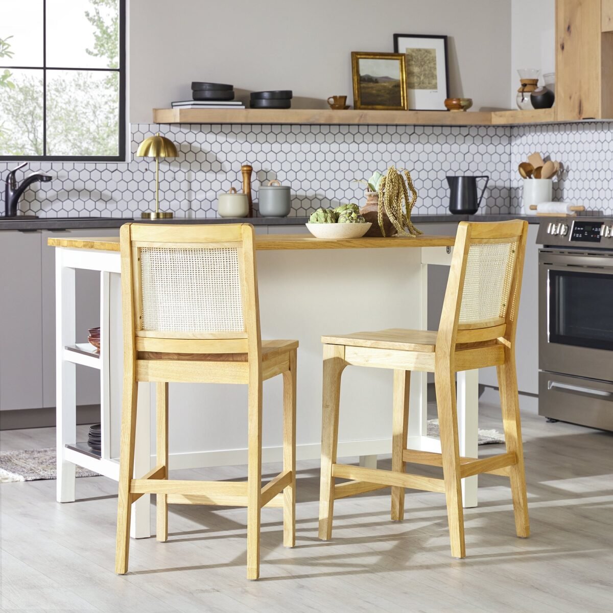 Catalina Solid Wood Bar Stool with Rattan Back Insert, Set of 2 - Image 1