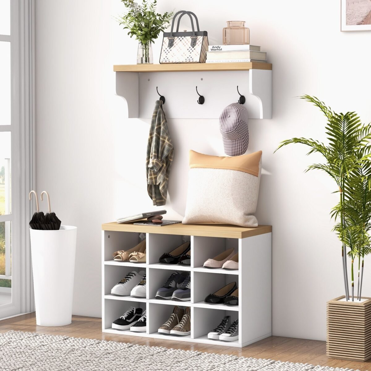 Walker Edison | Entryway 2-in-1 Coat Rack and Shoe Bench Set - Image 7