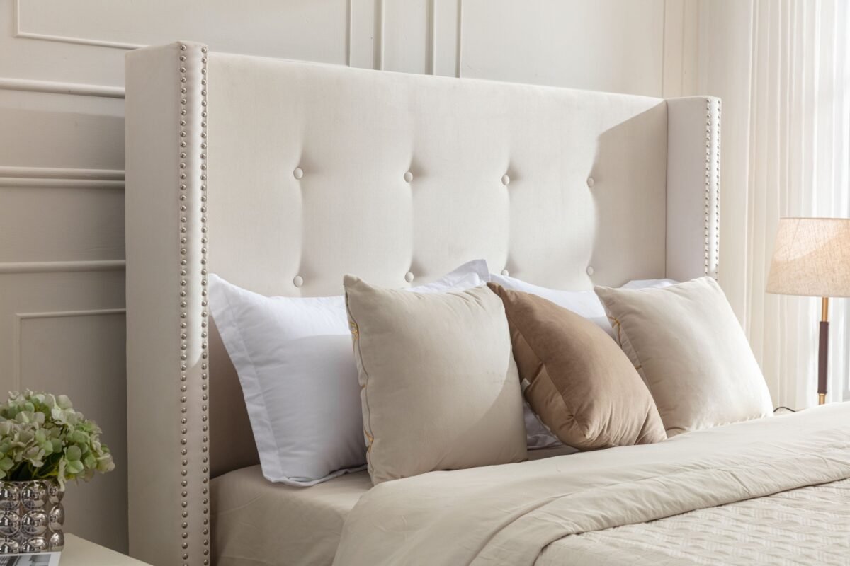Walker Edison | Traditional Peyton Upholstered 54" High Headboard King Bed - Image 3