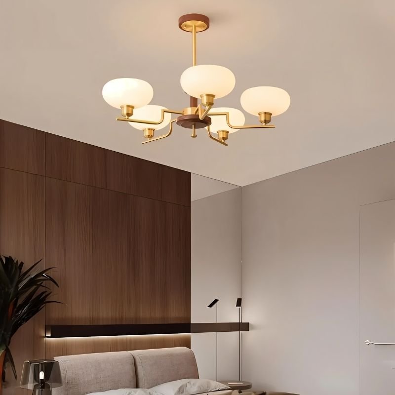 eronix-chandelier-brass-wood-glass-1 Eronix Chandelier - Image 1