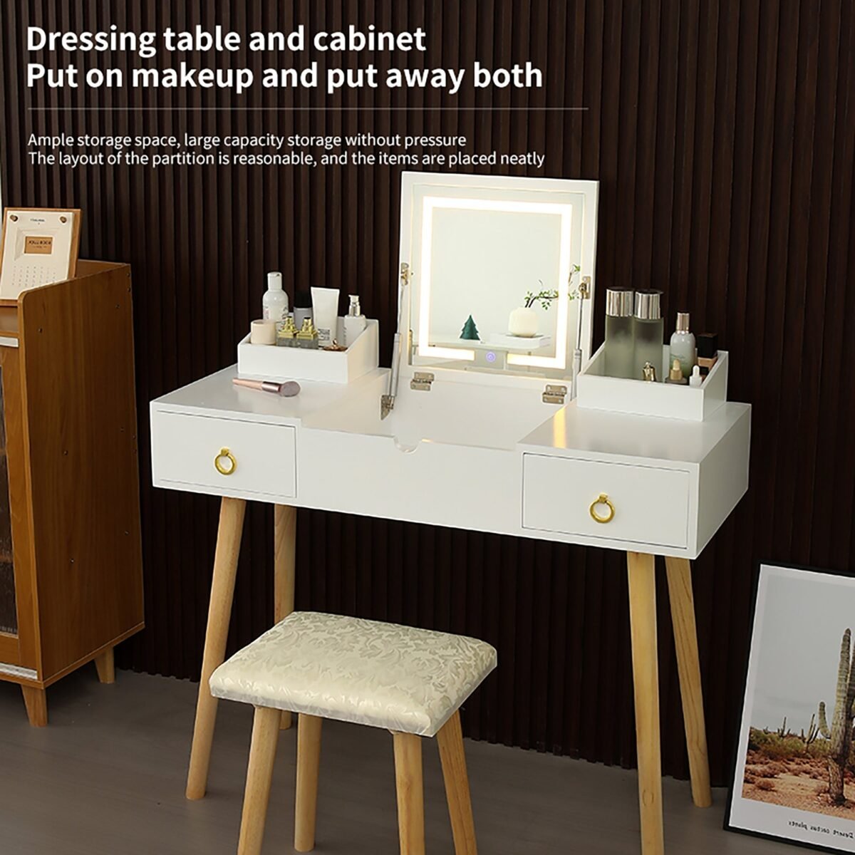 Walker Edison | Vanity Desk Set with LED Lighted Mirror - Image 5