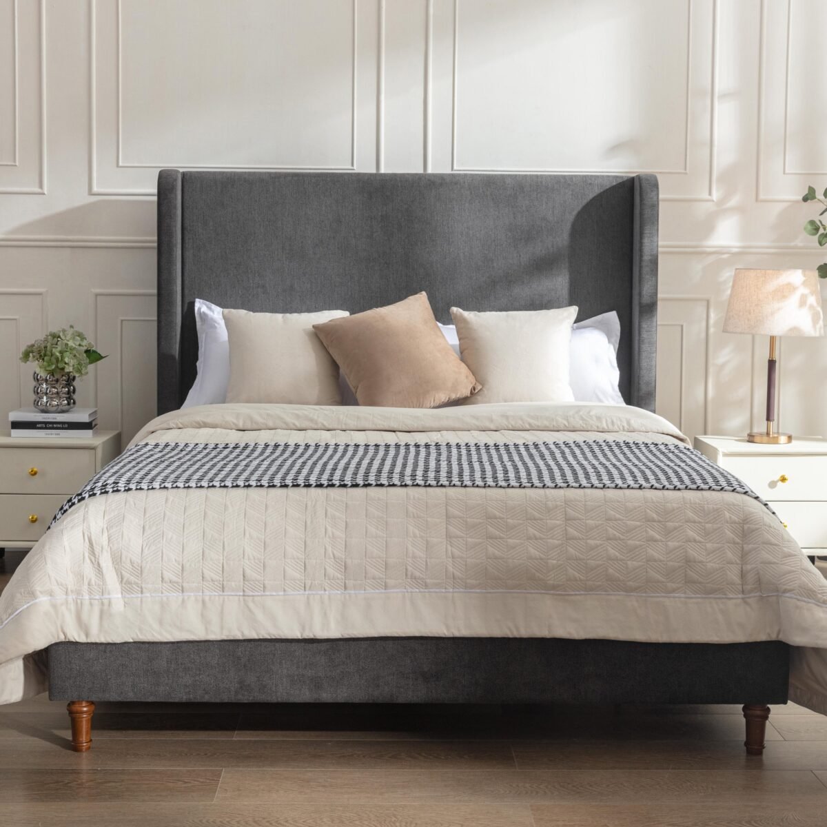 Walker Edison | Velvet Tall 54" Headboard Upholstered Queen Bed - Image 1
