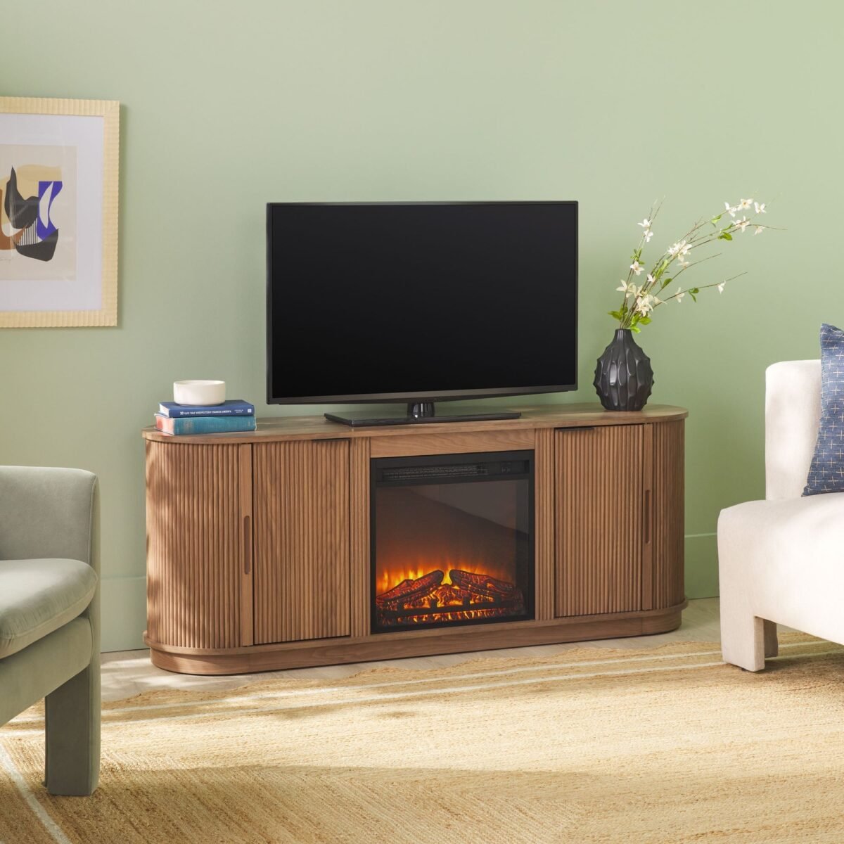 Chloe Modern Scandinavian Reeded Fireplace TV Stand in 2 Sizes - Image 1