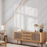 White Marble Wallpaper Mural with Swirls of cream, Taupe, and Peach - Image 2