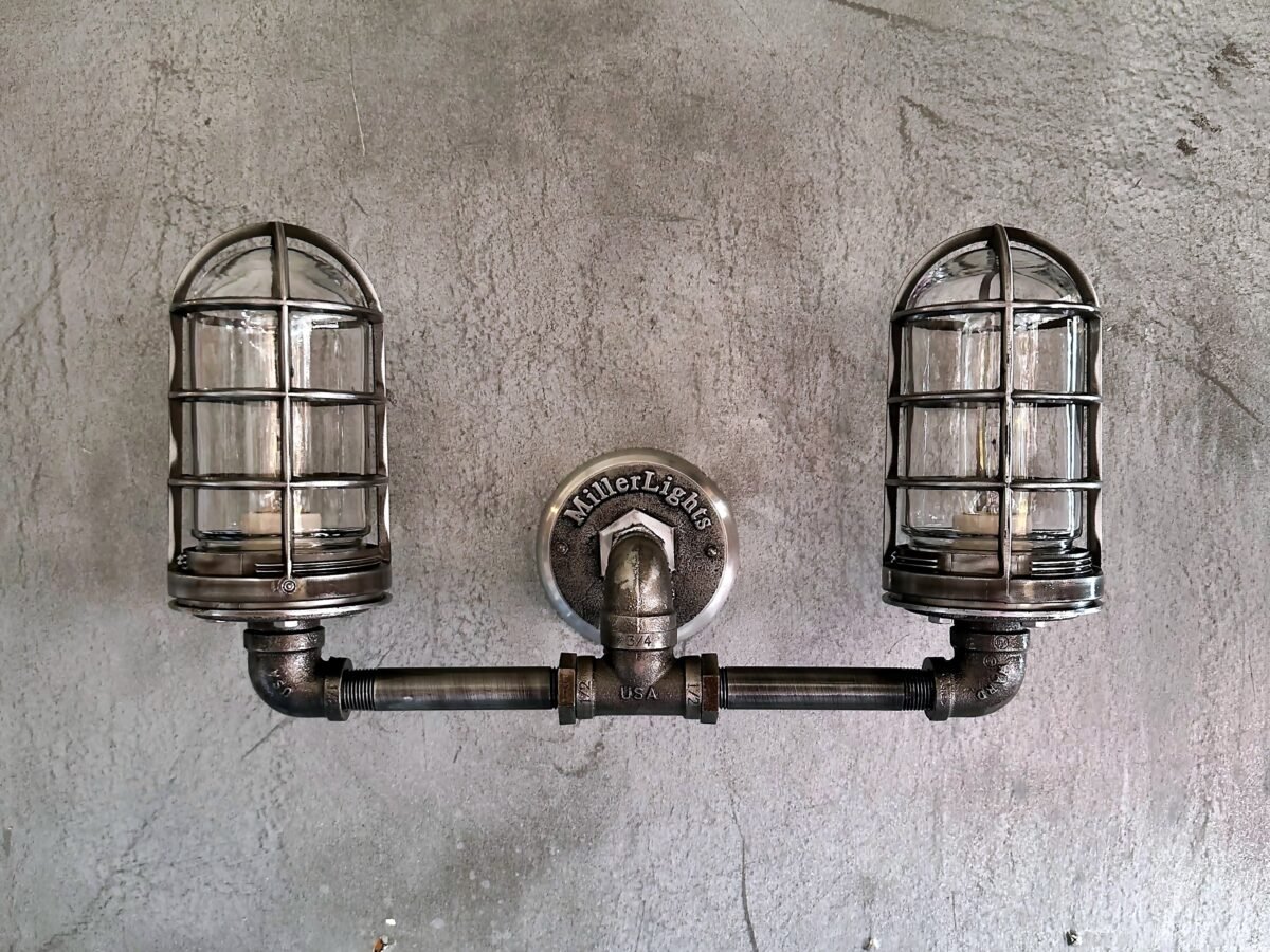 Black Pipe Light - Double Cage Industrial Wall Sconce - The Ironforge - Image 7