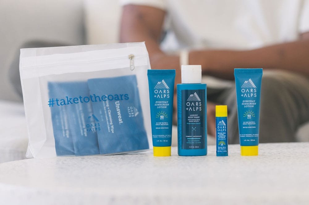 Summer Essentials Kit laid out on bathroom counter