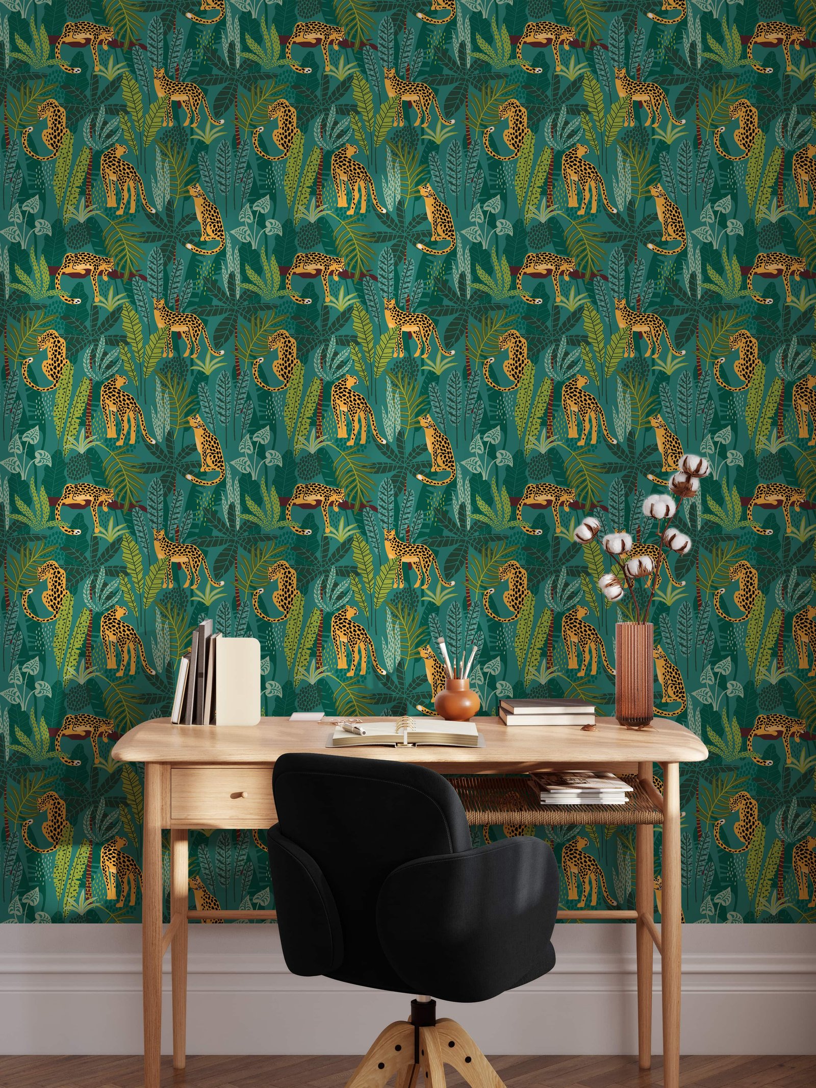Tropical Leopard Jungle Wallpaper - Bold Leaves & Leopard Print on Green Background - Image 4