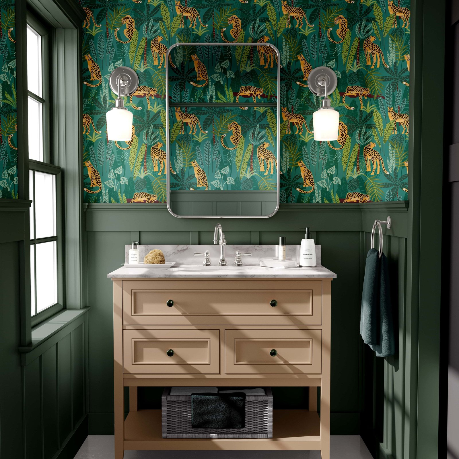 seamless_pattern_with_leopards_and_tropical_leaves._Trendy_style_7-min_b4b93cc9-bede-4581-aff1-a94132182062-1 Tropical Leopard Jungle Wallpaper - Bold Leaves & Leopard Print on Green Background - Image 1