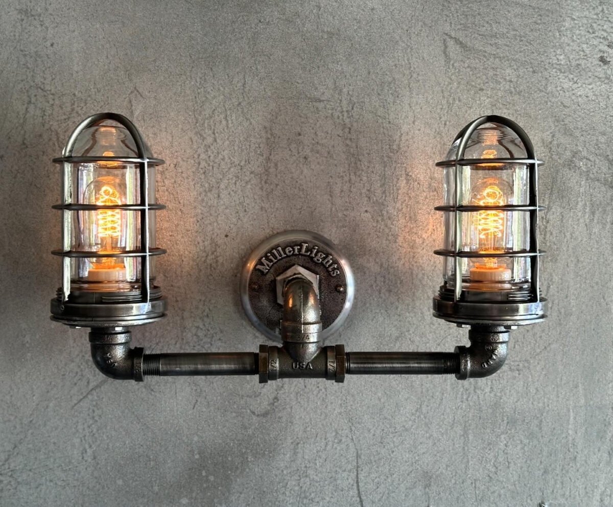Black Pipe Light - Double Cage Industrial Wall Sconce - The Ironforge - Image 4