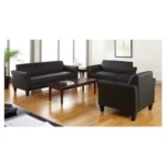 Goldoma reception loveseat in black PU leather with two cushions and pyramid legs