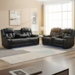 Goldoma wireless charging sofa set with LED lights and memory foam in black leather for modern living room