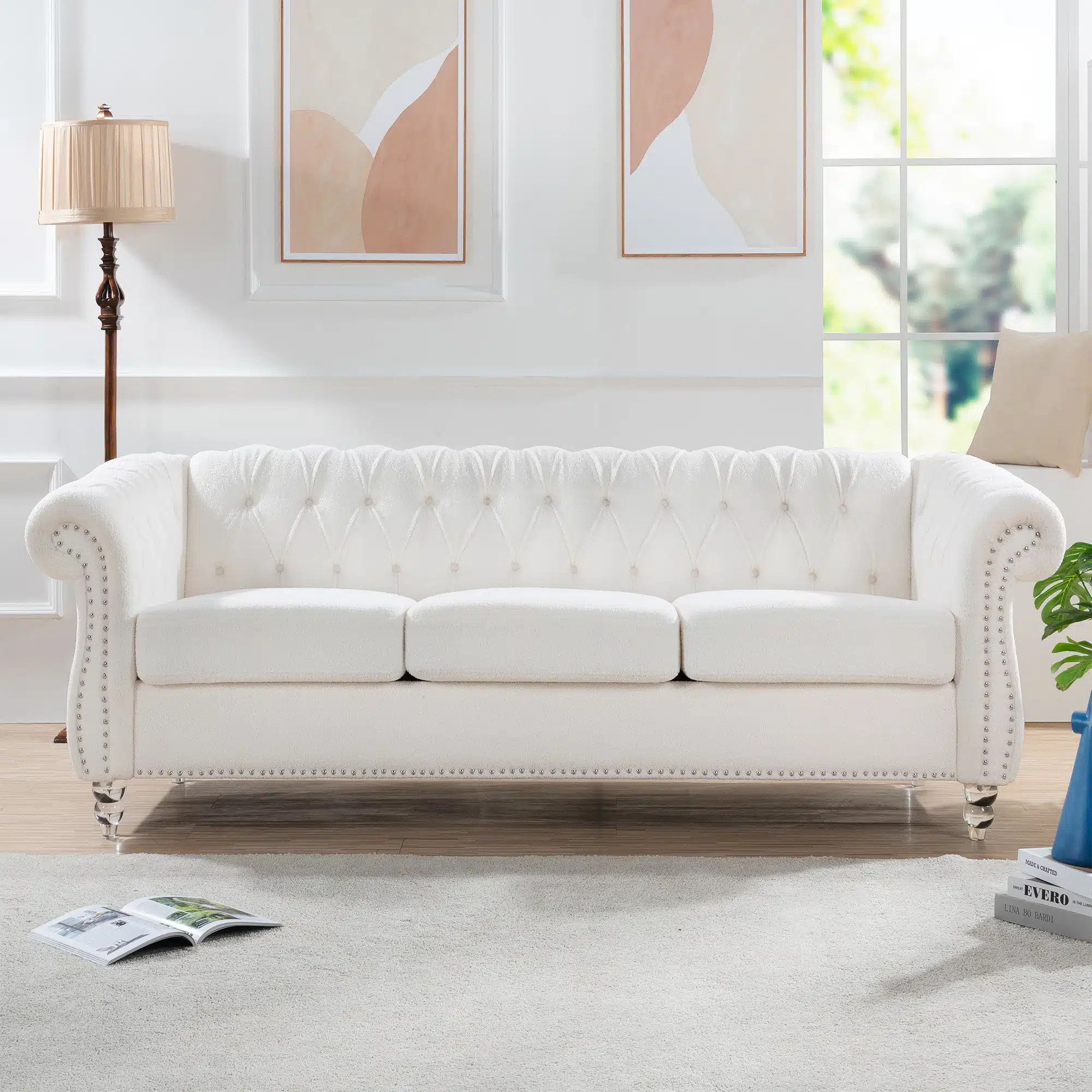 Goldoma Modern White Velvet 2-Seater Convertible Sofa with Extendable Seat