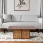 Double pedestal coffee table with brown solid wood top and natural wicker rattan base, square shape 42 inches, modern tropical design for living room