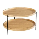 Goldoma 33-inch farmhouse round coffee table with natural wood top and black metal base in a living room