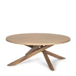 Solid mango wood coffee table 42 inch round farmhouse style with cross legs and natural finish in living room