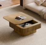 Goldoma modern square coffee table with storage in a living room, featuring a wood top and hidden compartment