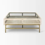Goldoma 44 inch off-white glass top shadowbox coffee table with two drawers and gold legs in living room