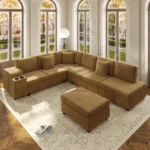 110.2" L-Shaped Sectional Sofa Set Removable Ottoman Convertible Sleeper Modern Design USB/Charging/Cup Holders Plush Corduroy - Image 10