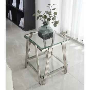 Modern stainless steel end table with tempered glass shelves for living room decor
