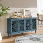 60-inch solid wood antique buffet cabinet with floral carvings and antique brass handles in Antique Blue finish